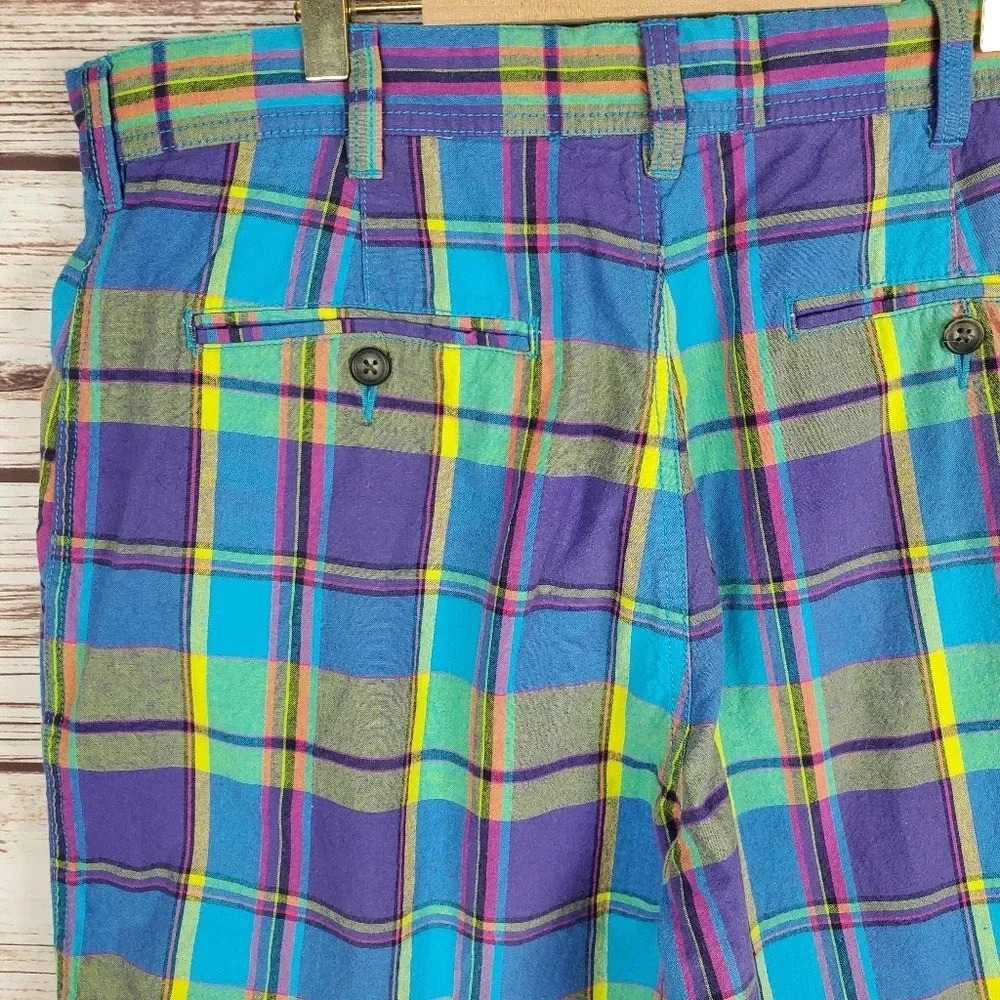 IZOD Mens Size 36x10 Blue/Green/Yellow/Purple Vibrant Plaid Cotton Golf Shorts - Picture 8 of 11